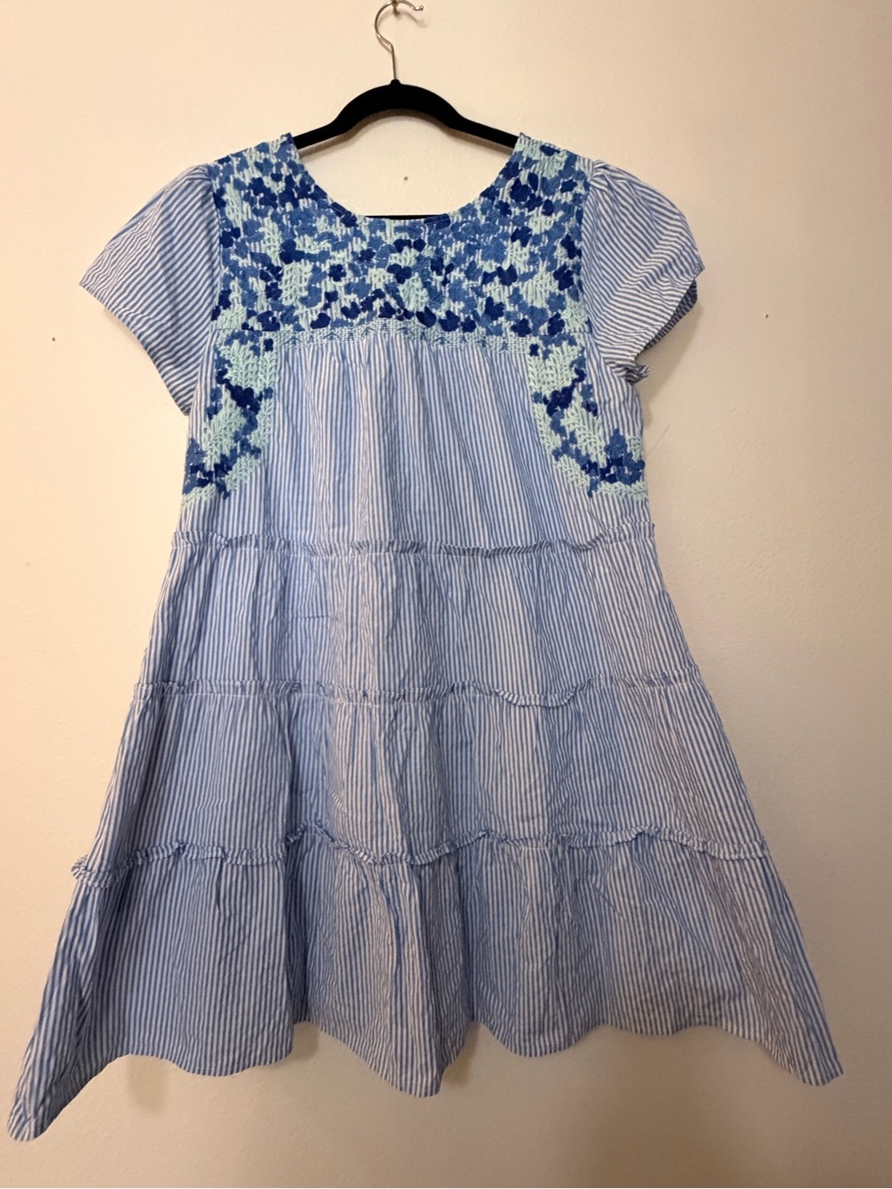 J. Marie Blue & White Striped Embroidered Tiered Dress – Women’s Size L